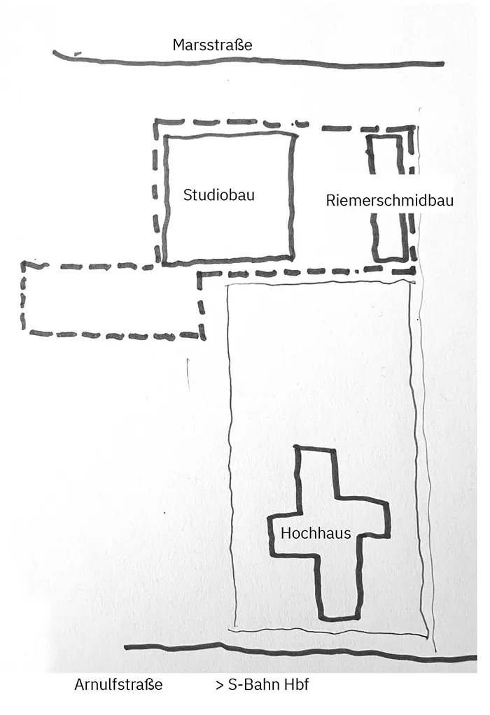 Situation zwischen Arnulf- und Marsstraße; im Norden mit gestrichelter Kontur ist das zum Verkauf stehende Gelände. (Skizze: Marlowes)